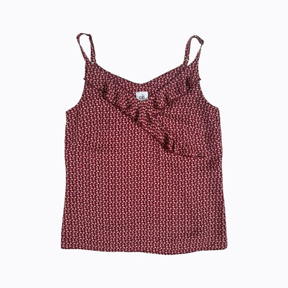 Cabi Asymmetric Ruffle Top V-Neck Burgundy Geo Pattern Y2K 90s Coquette Sz XS - Picture 1 of 8